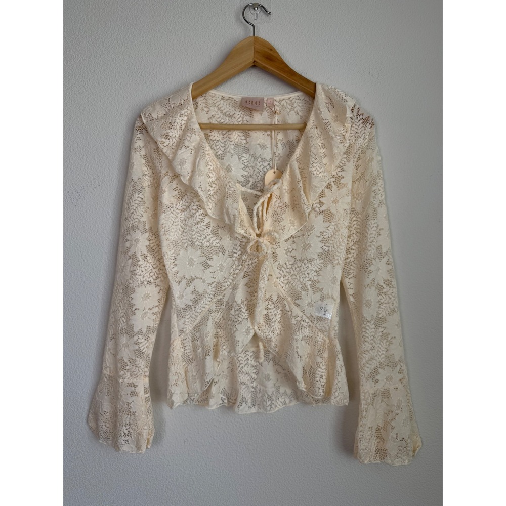 GLG Women Lace Tie Front Top S Cream Ruffle Bell Sleeve Sheer Fairycore Prairie